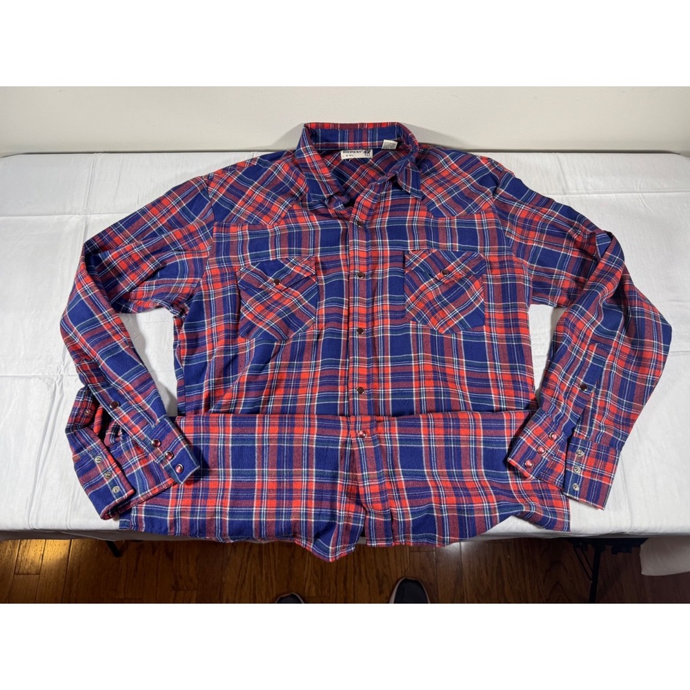 Vintage 80s Sears Roebucks Plaid Flannel Shirt Red Pearl Snaps Mens L Western